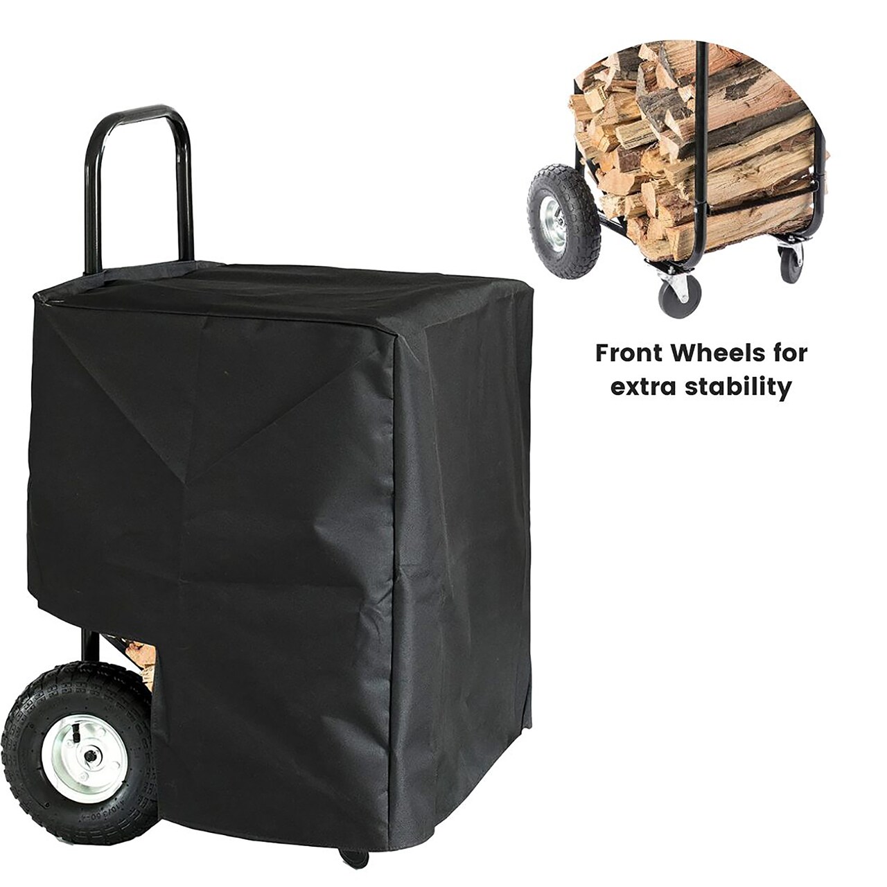 Gardenised Black Firewood Rack Outdoor Indoor, Heavy Duty Firewood Carrier with Front Wheels Wood Fireplace Tool Rack, Rolling Storage Cart Cover Included
